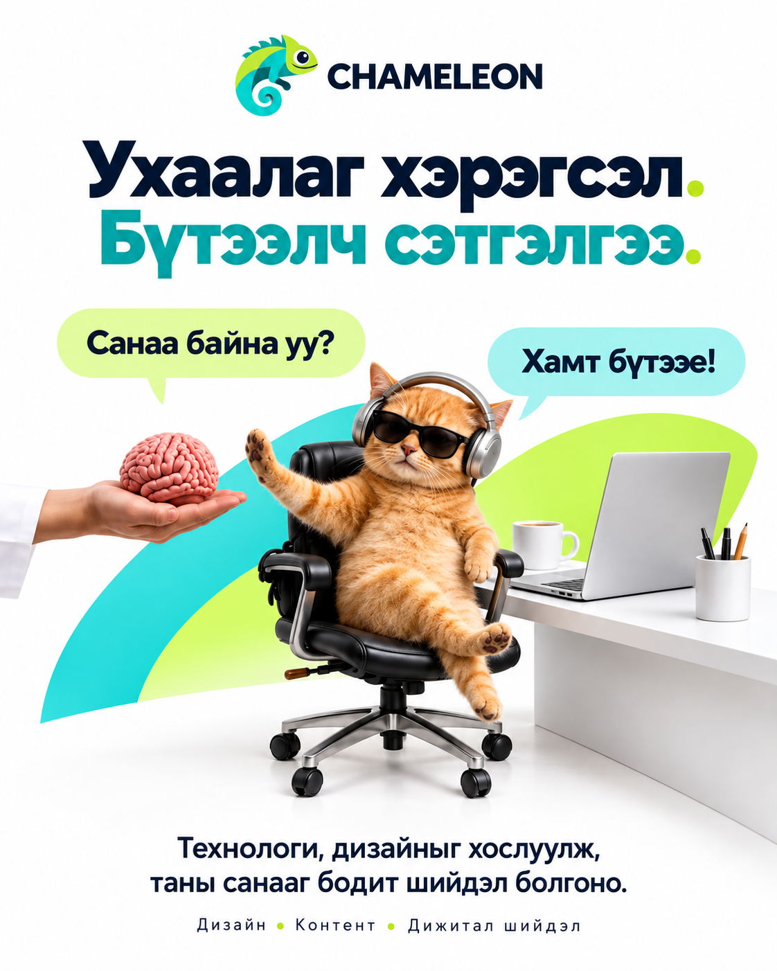 Компьютерийн ард суугаа чихэвчтэй муур бүхий Chameleon постер